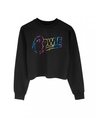 David Bowie Rainbow Foil Logo Black Cropped Sweatshirt $12.95 Sweatshirts