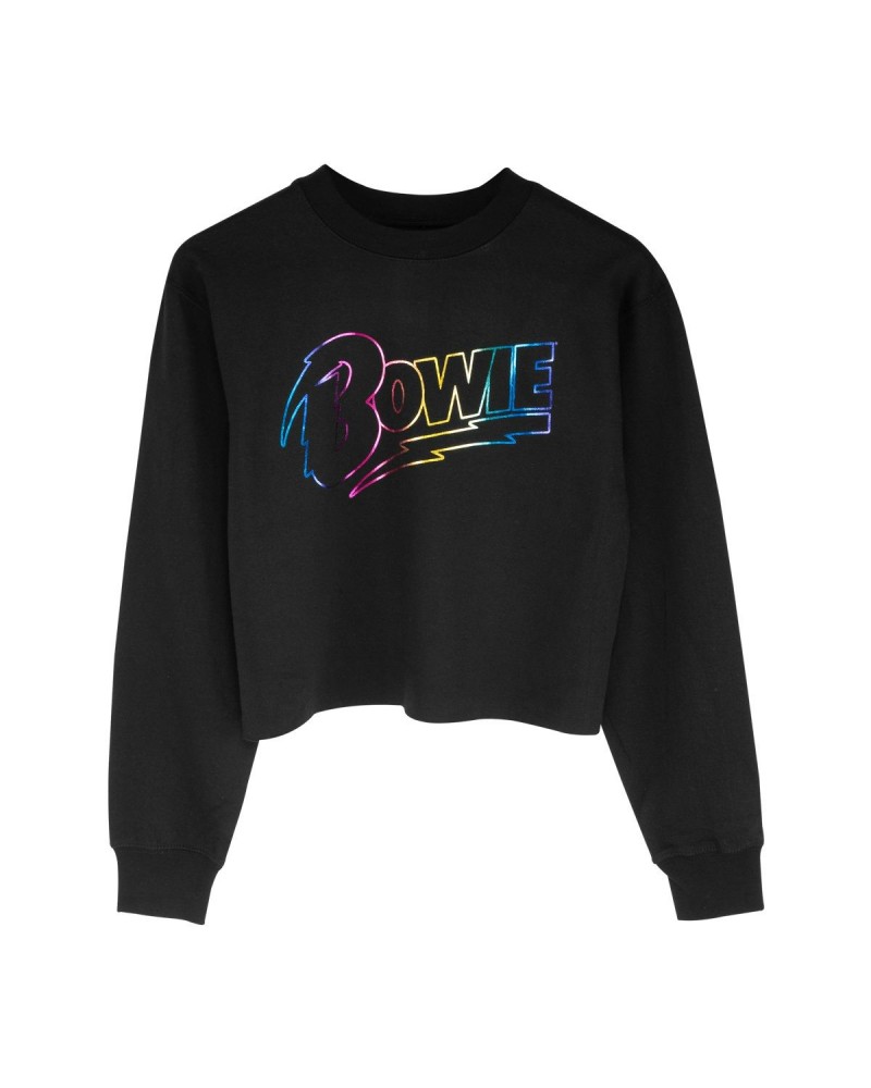 David Bowie Rainbow Foil Logo Black Cropped Sweatshirt $12.95 Sweatshirts