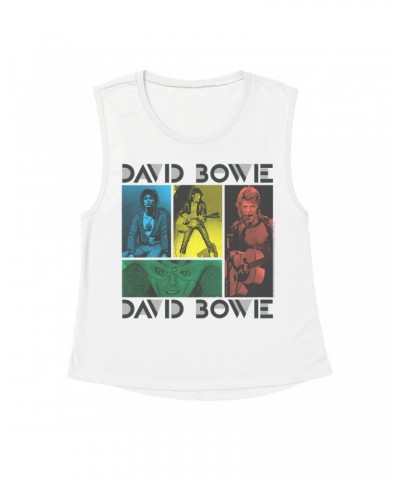 David Bowie Ladies' Muscle Tank Top | Bowie Colorful Photo Collage Shirt $14.83 Shirts