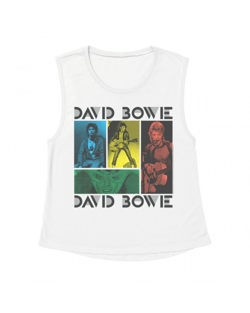 David Bowie Ladies' Muscle Tank Top | Bowie Colorful Photo Collage Shirt $14.83 Shirts