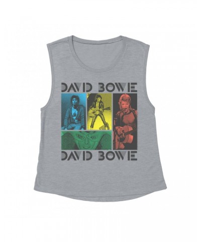 David Bowie Ladies' Muscle Tank Top | Bowie Colorful Photo Collage Shirt $14.83 Shirts