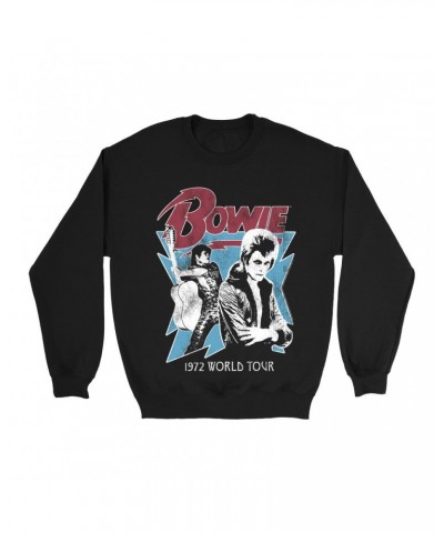 David Bowie Sweatshirt | 1972 World Tour Blue Design Distressed Sweatshirt $11.18 Sweatshirts