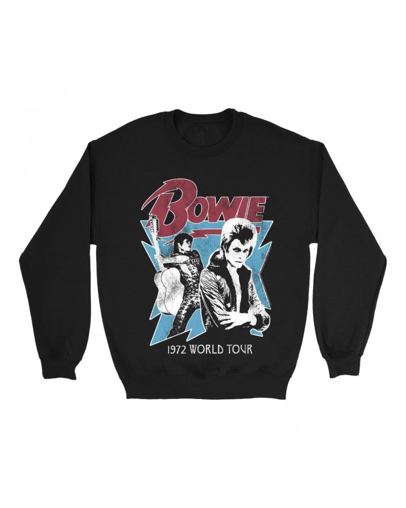 David Bowie Sweatshirt | 1972 World Tour Blue Design Distressed Sweatshirt $11.18 Sweatshirts