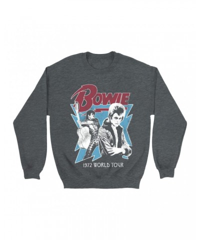 David Bowie Sweatshirt | 1972 World Tour Blue Design Distressed Sweatshirt $11.18 Sweatshirts