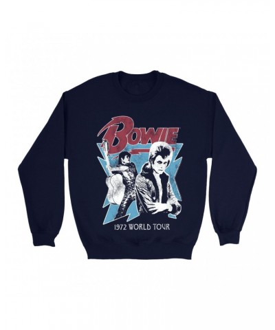 David Bowie Sweatshirt | 1972 World Tour Blue Design Distressed Sweatshirt $11.18 Sweatshirts