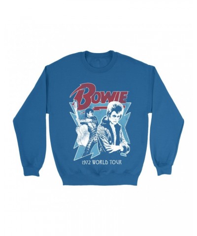 David Bowie Sweatshirt | 1972 World Tour Blue Design Distressed Sweatshirt $11.18 Sweatshirts